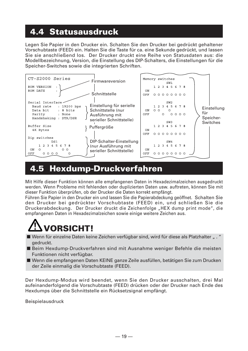 4 statusausdruck, 5 hexdump-druckverfahren, Vorsicht | Citizen Systems CT-S2000DC User Manual | Page 74 / 136