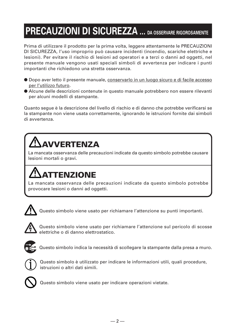 Precauzioni di sicurezza, Avvertenza, Attenzione | Citizen Systems CT-S2000DC User Manual | Page 83 / 136