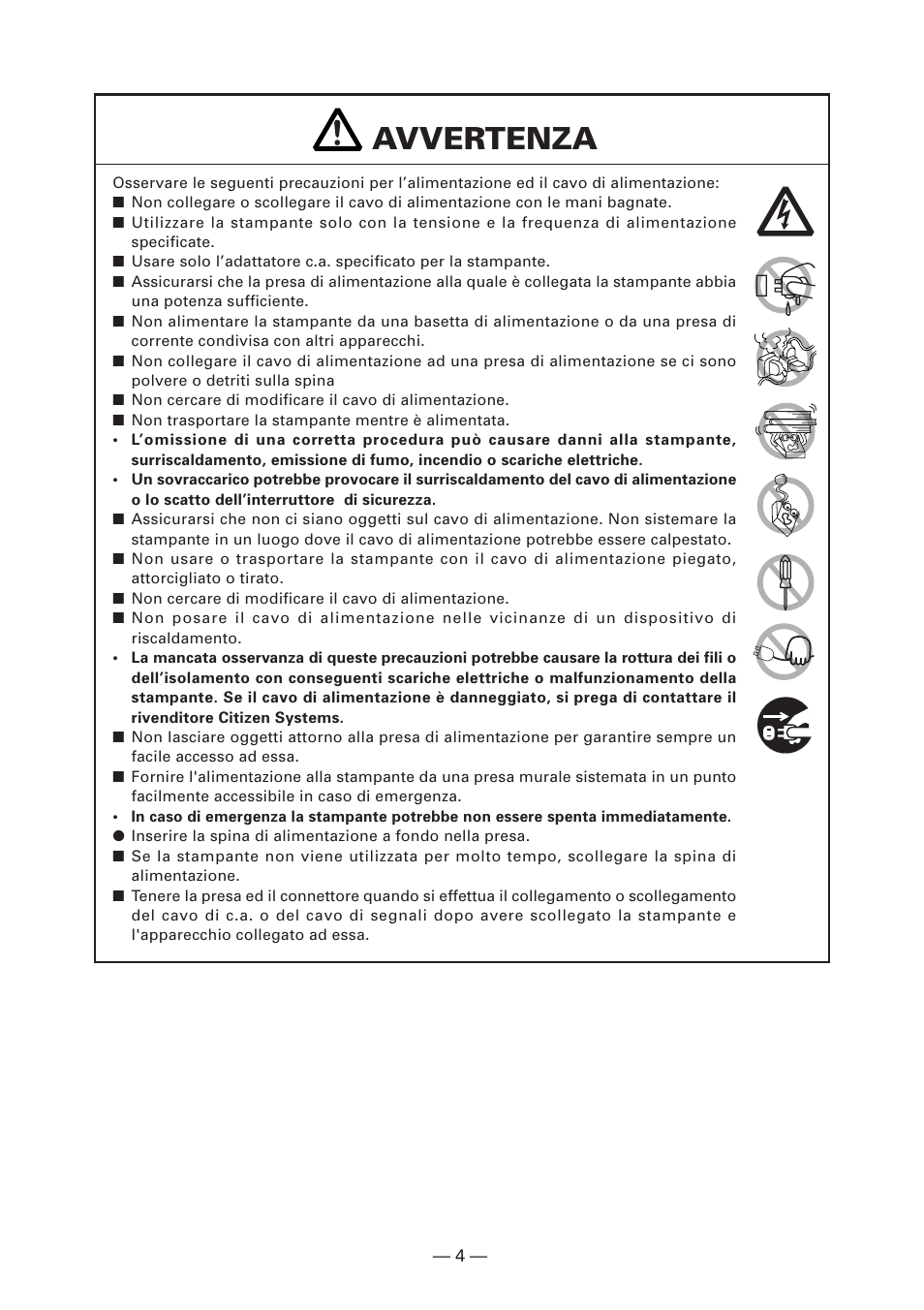 Avvertenza | Citizen Systems CT-S2000DC User Manual | Page 85 / 136