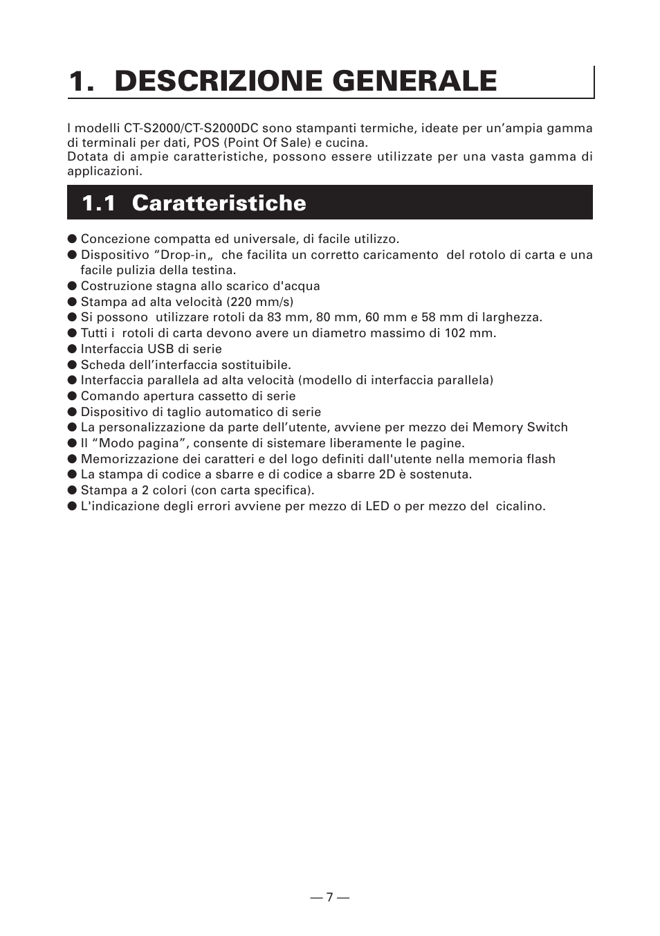 Descrizione generale, 1 caratteristiche | Citizen Systems CT-S2000DC User Manual | Page 88 / 136