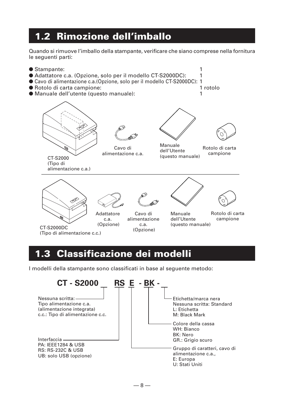 2 rimozione dell’imballo, 3 classificazione dei modelli, Ct - s2000 rs e - bk | Citizen Systems CT-S2000DC User Manual | Page 89 / 136