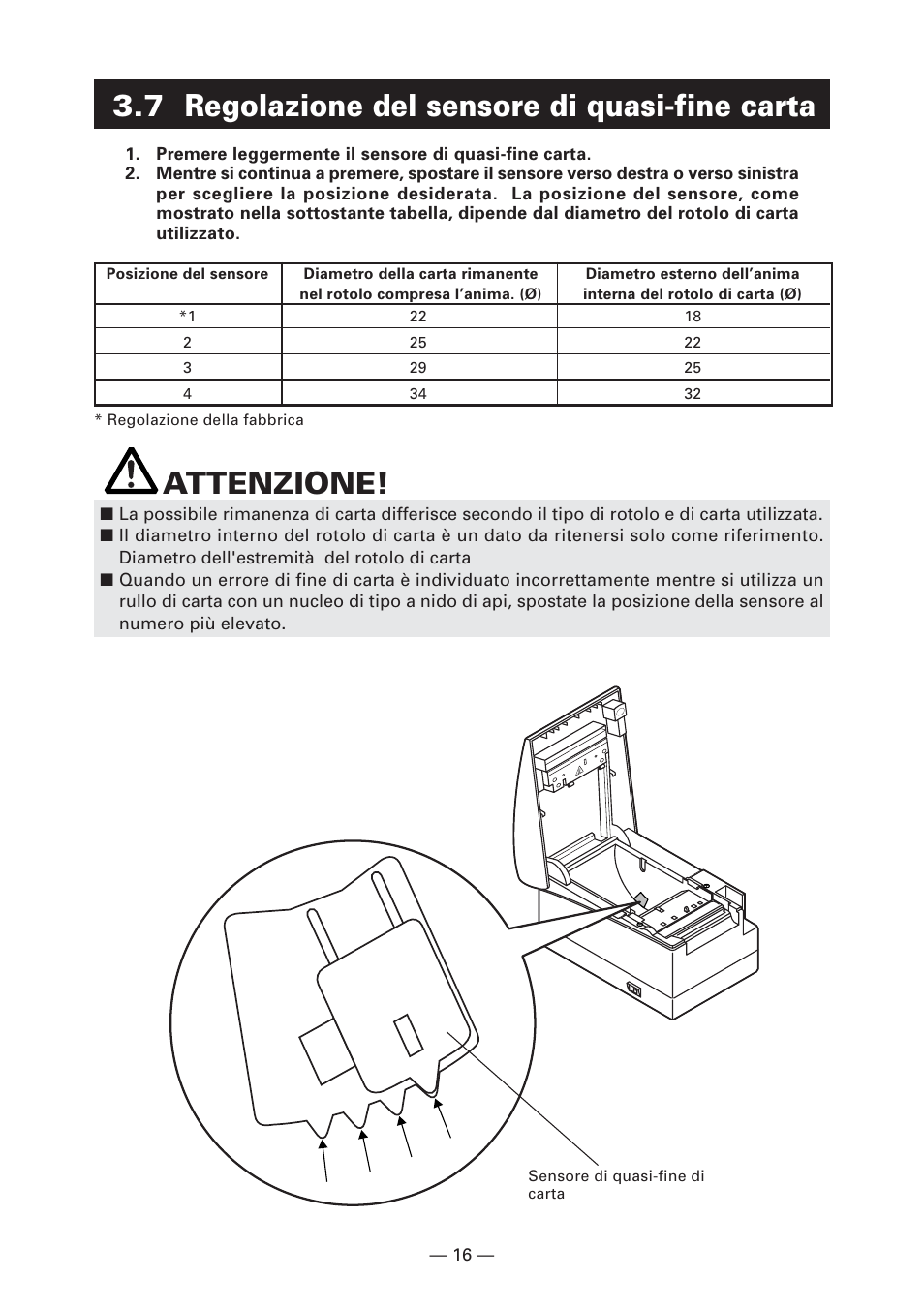 7 regolazione del sensore di quasi-fine carta, Attenzione | Citizen Systems CT-S2000DC User Manual | Page 97 / 136