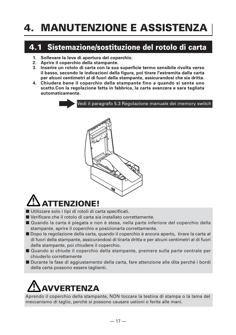 Manutenzione e assistenza, 1 sistemazione/sostituzione del rotolo di carta, Attenzione | Avvertenza | Citizen Systems CT-S2000DC User Manual | Page 98 / 136