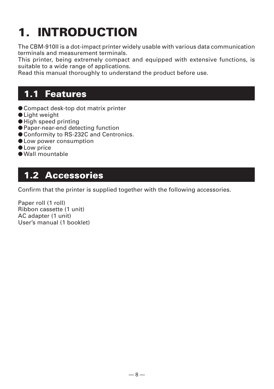 Introduction, 1 features, 2 accessories | Citizen Systems CBM-910 Type II User Manual | Page 12 / 62