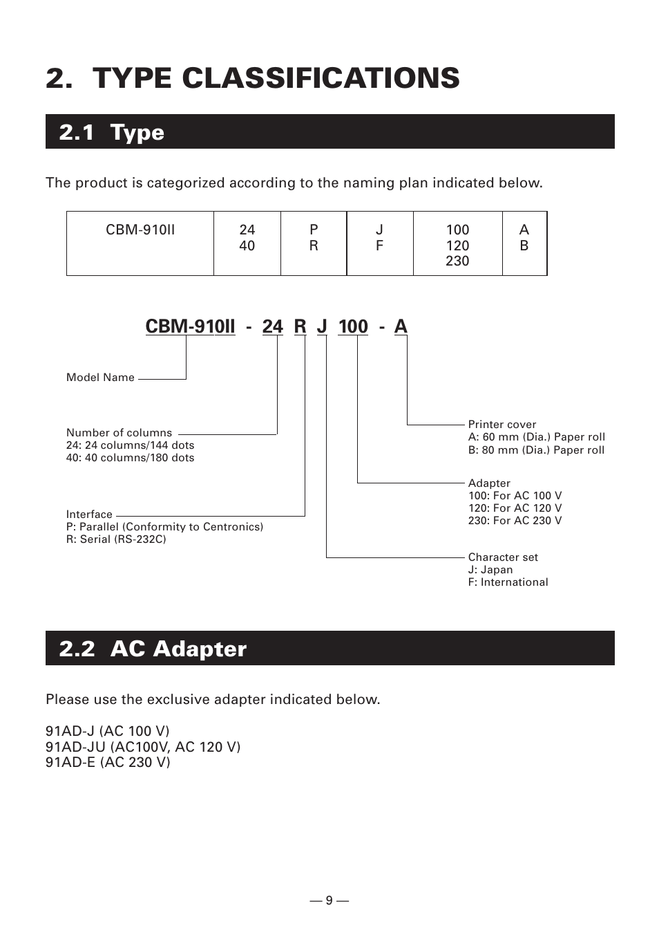 Type classifications, 1 type, 2 ac adapter | Citizen Systems CBM-910 Type II User Manual | Page 13 / 62
