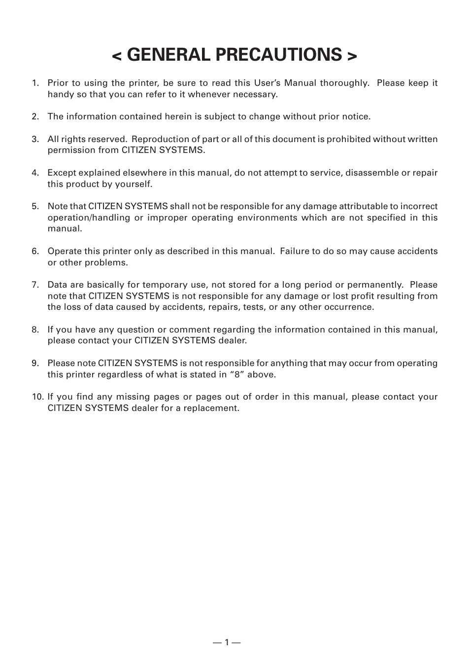 General precautions | Citizen Systems CBM-910 Type II User Manual | Page 5 / 62