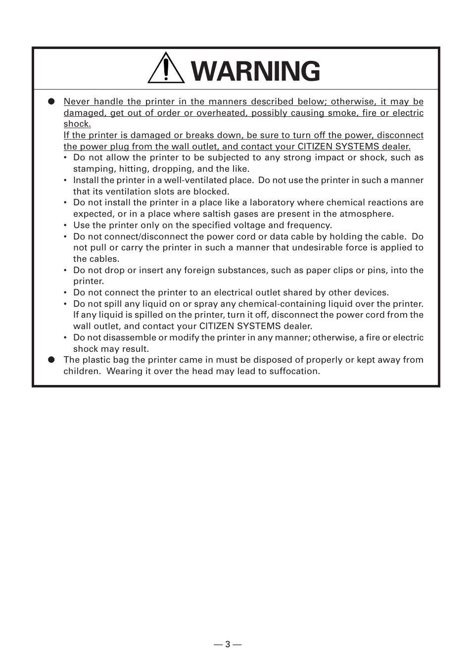 Warning | Citizen Systems CBM-910 Type II User Manual | Page 7 / 62