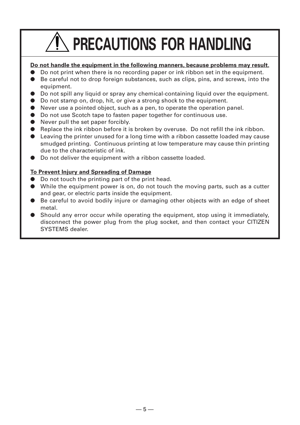 Precautions for handling | Citizen Systems CBM-910 Type II User Manual | Page 9 / 62