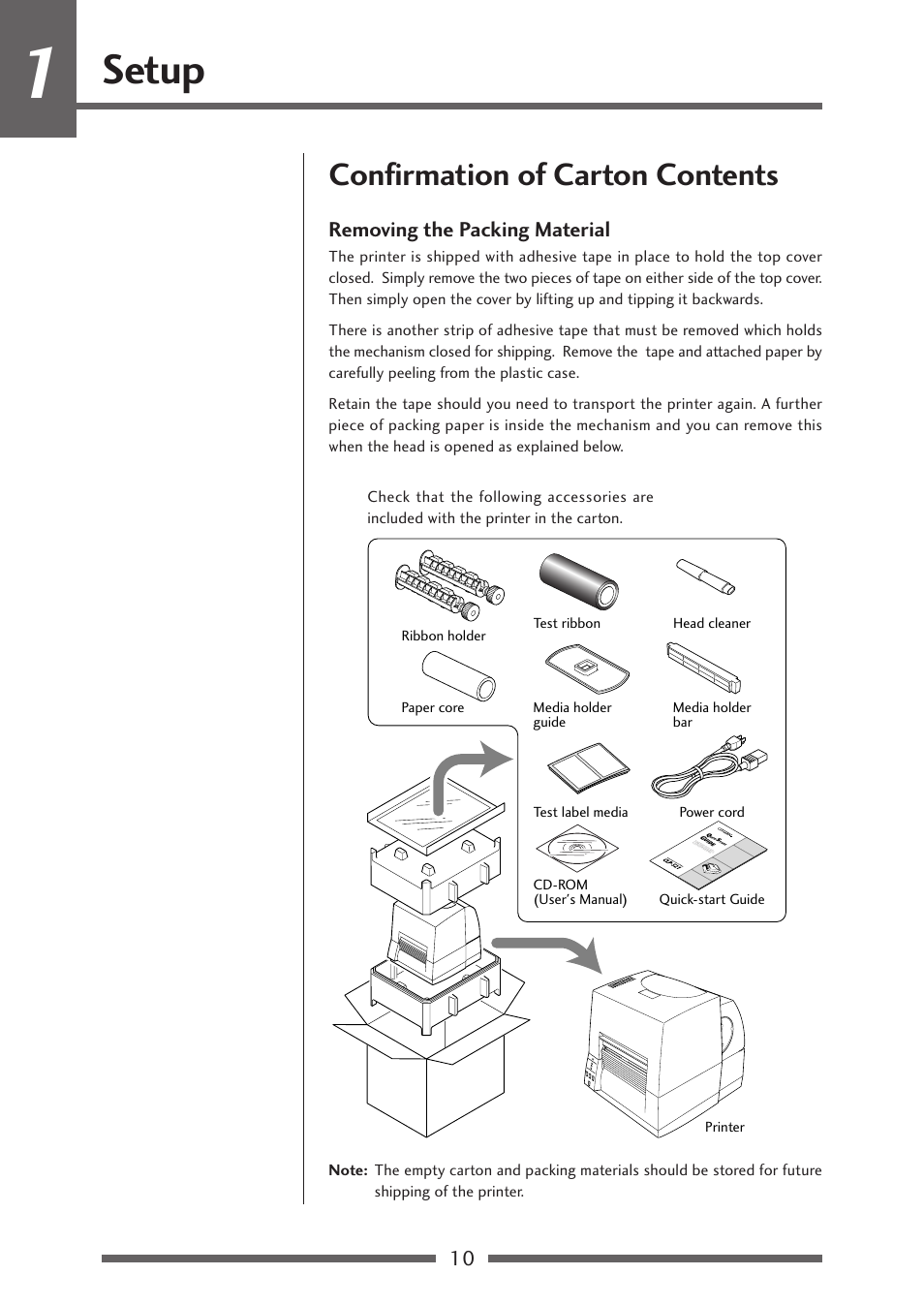 Setup, Confirmation of carton contents, Removing the packing material | Citizen Systems CLP-621 User Manual | Page 10 / 60