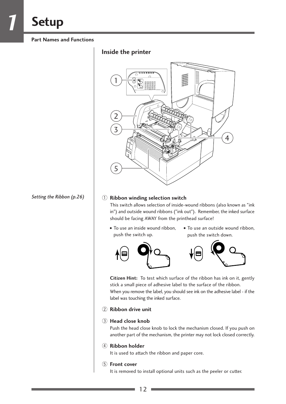 Front view2, Setup | Citizen Systems CLP-621 User Manual | Page 12 / 60