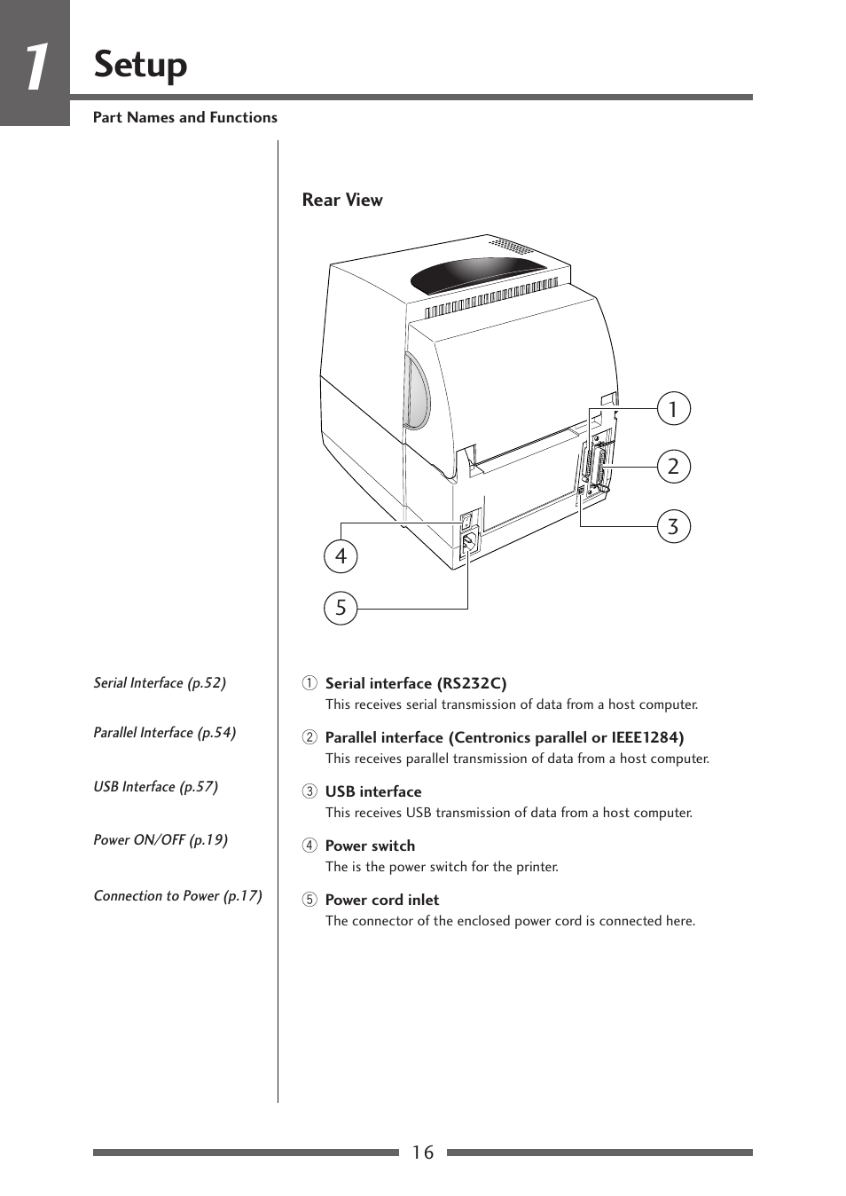 Rear view, Setup | Citizen Systems CLP-621 User Manual | Page 16 / 60