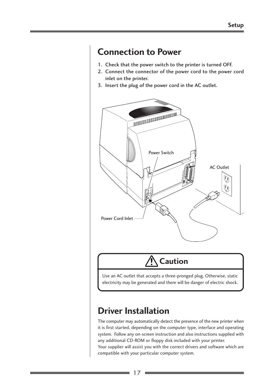 Connection to power, Driver installation, Connection to power driver installation | Connection to power (p.17), Caution | Citizen Systems CLP-621 User Manual | Page 17 / 60