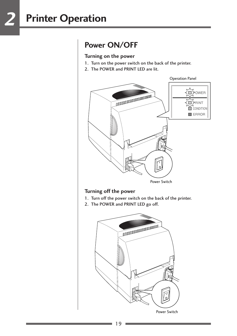 Printer operation, Power on/off, Turning on the power | Turning off the power, Power on/off (p.19) | Citizen Systems CLP-621 User Manual | Page 19 / 60