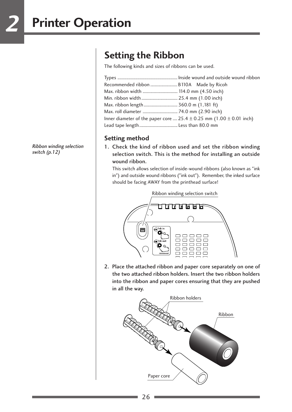 Setting the ribbon, Setting method, Printer operation | Citizen Systems CLP-621 User Manual | Page 26 / 60