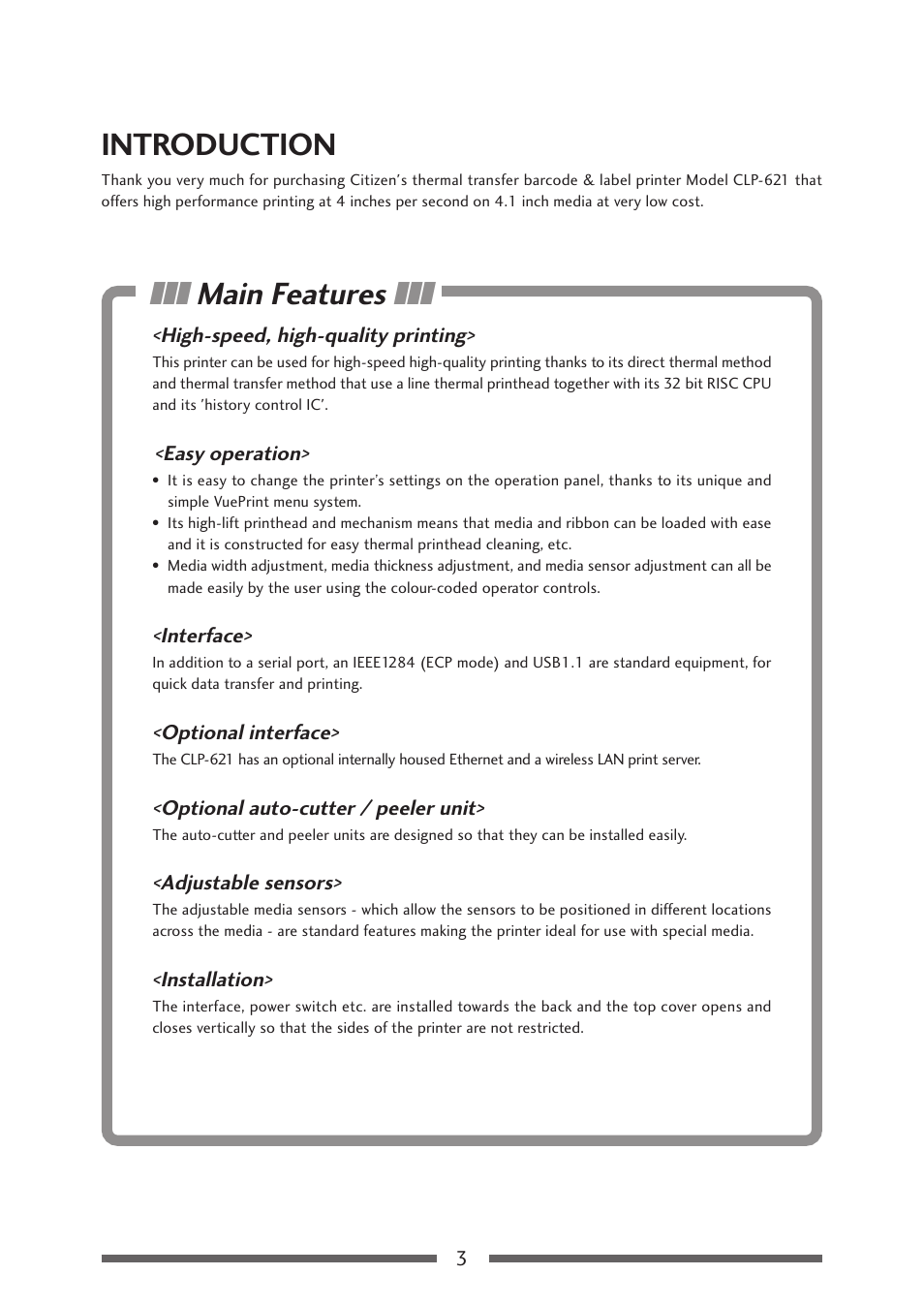 Before operation, Introduction, Main features | Citizen Systems CLP-621 User Manual | Page 3 / 60