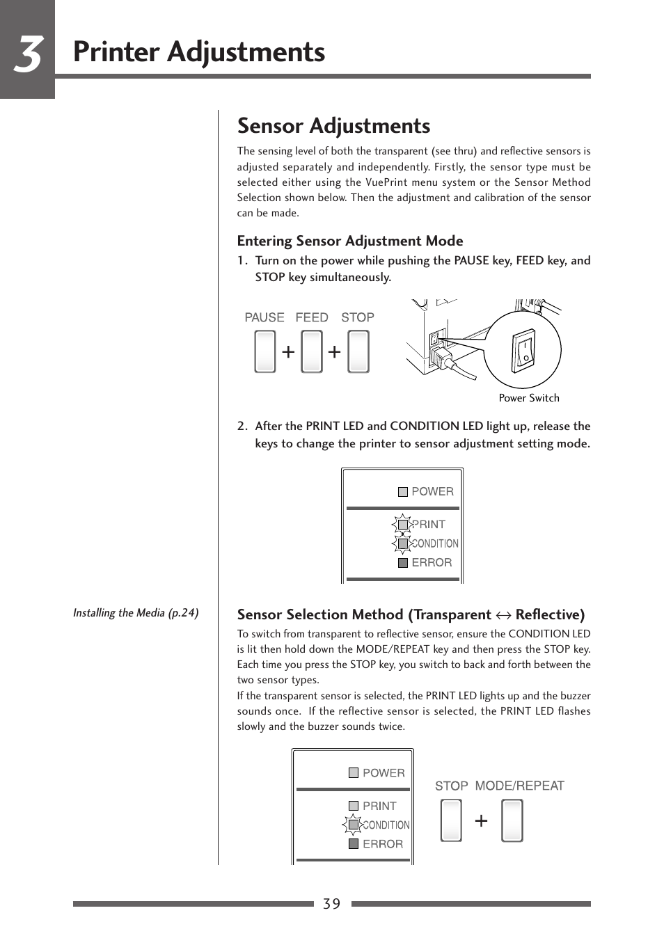 Printer adjustments, Sensor adjustments, Entering sensor adjustment mode | Sensor selection method, Sensor selection method (transparent, Reflective), P.39) | Citizen Systems CLP-621 User Manual | Page 39 / 60
