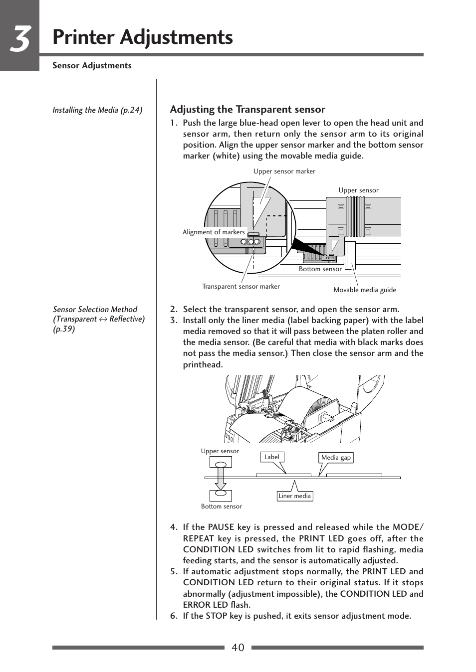 Adjusting the transparent type sensor, Adjusting the transparent sensor (p.40), Printer adjustments | Citizen Systems CLP-621 User Manual | Page 40 / 60