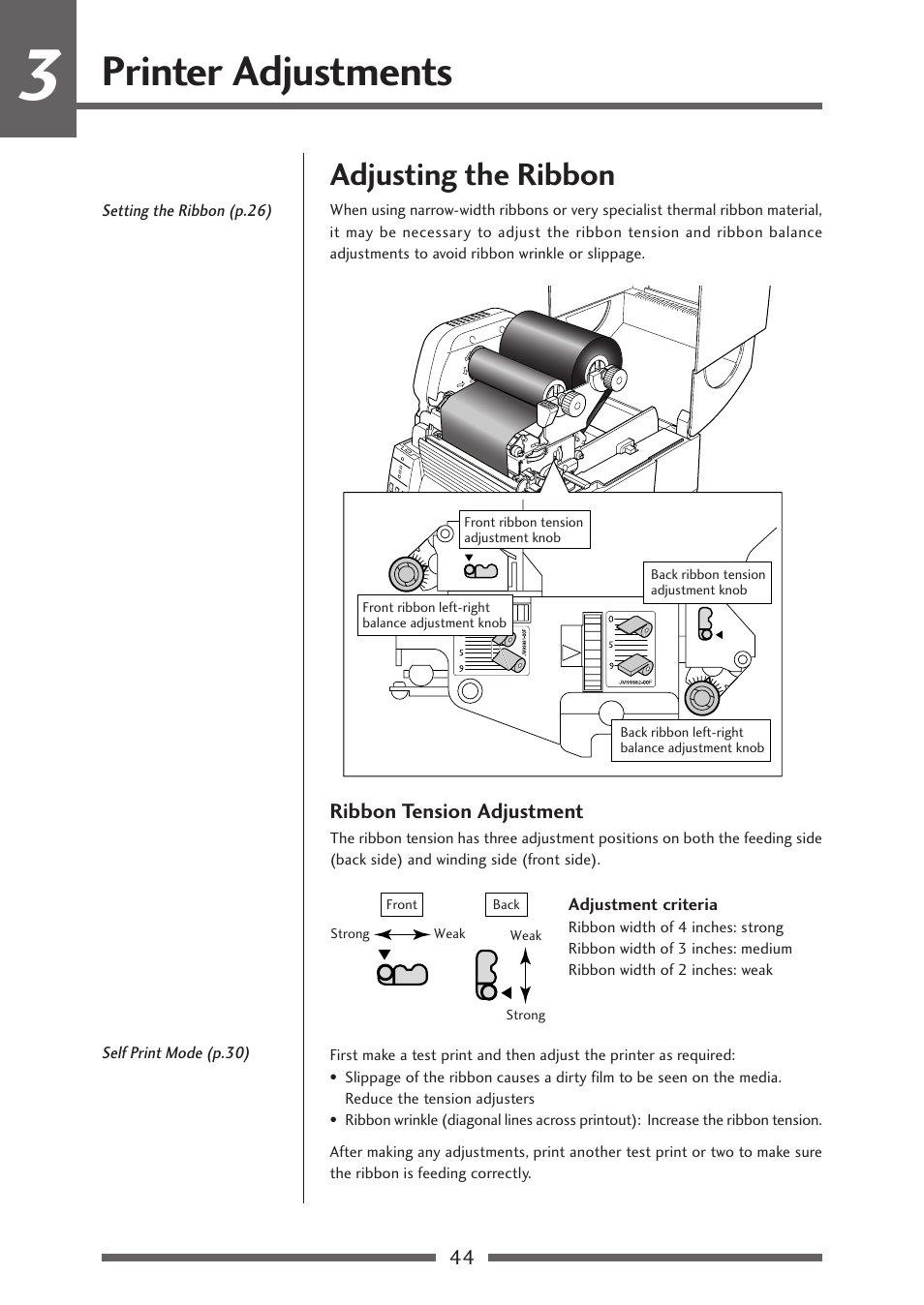 Adjusting the ribbon, Ribbon tension adjustment, Ribbon tension adjustment (p.44) | Printer adjustments | Citizen Systems CLP-621 User Manual | Page 44 / 60