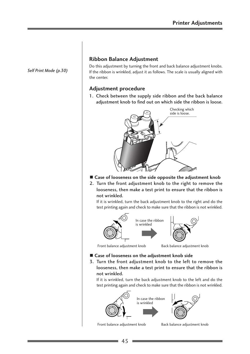 Ribbon balance adjustment, Ribbon balance adjustment (p.45), 45 printer adjustments ribbon balance adjustment | Adjustment procedure | Citizen Systems CLP-621 User Manual | Page 45 / 60