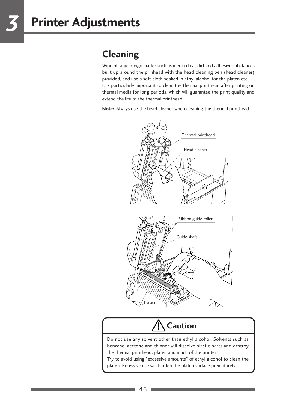 Cleaning, Printer adjustments, Caution | Citizen Systems CLP-621 User Manual | Page 46 / 60