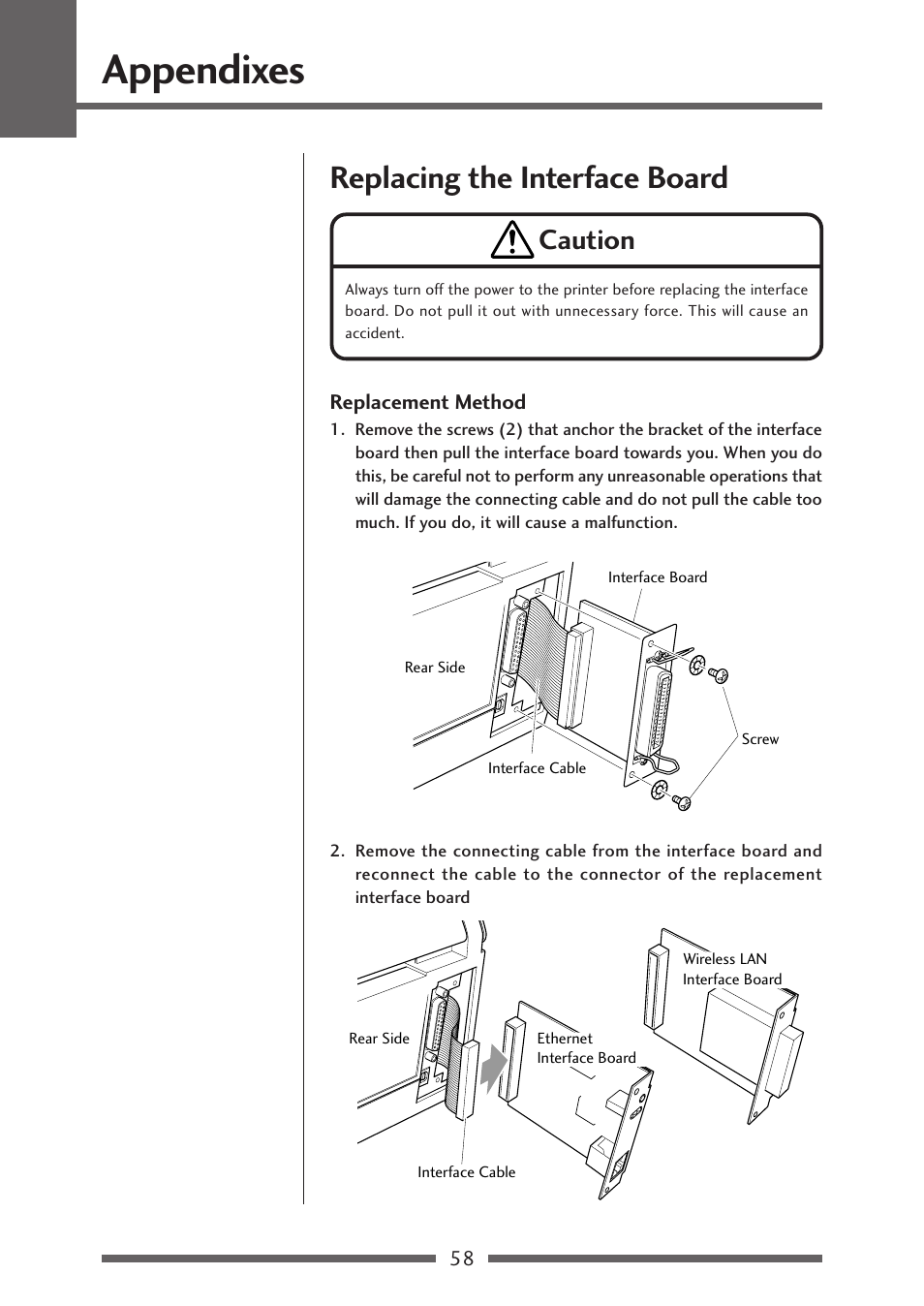Replacing the interface board, Replacing the interface board (p.58), Appendixes | Caution | Citizen Systems CLP-621 User Manual | Page 58 / 60