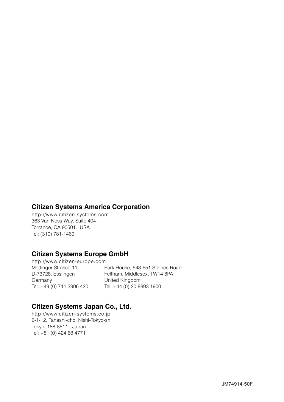 Citizen systems america corporation, Citizen systems europe gmbh, Citizen systems japan co., ltd | Citizen Systems CLP-621 User Manual | Page 60 / 60