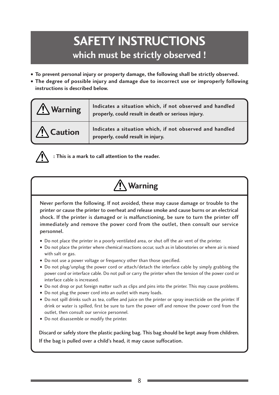 Safety instructions, Which must be strictly observed, Caution | Warning | Citizen Systems CLP-621 User Manual | Page 8 / 60