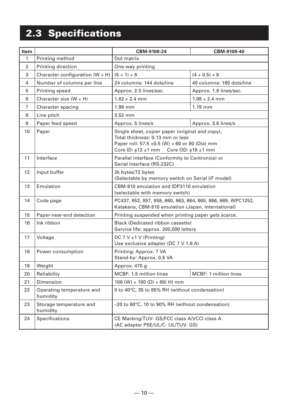 3 specifications | Citizen Systems Compact desk-top dot matrix printer CBM-910 Type II User Manual | Page 14 / 62