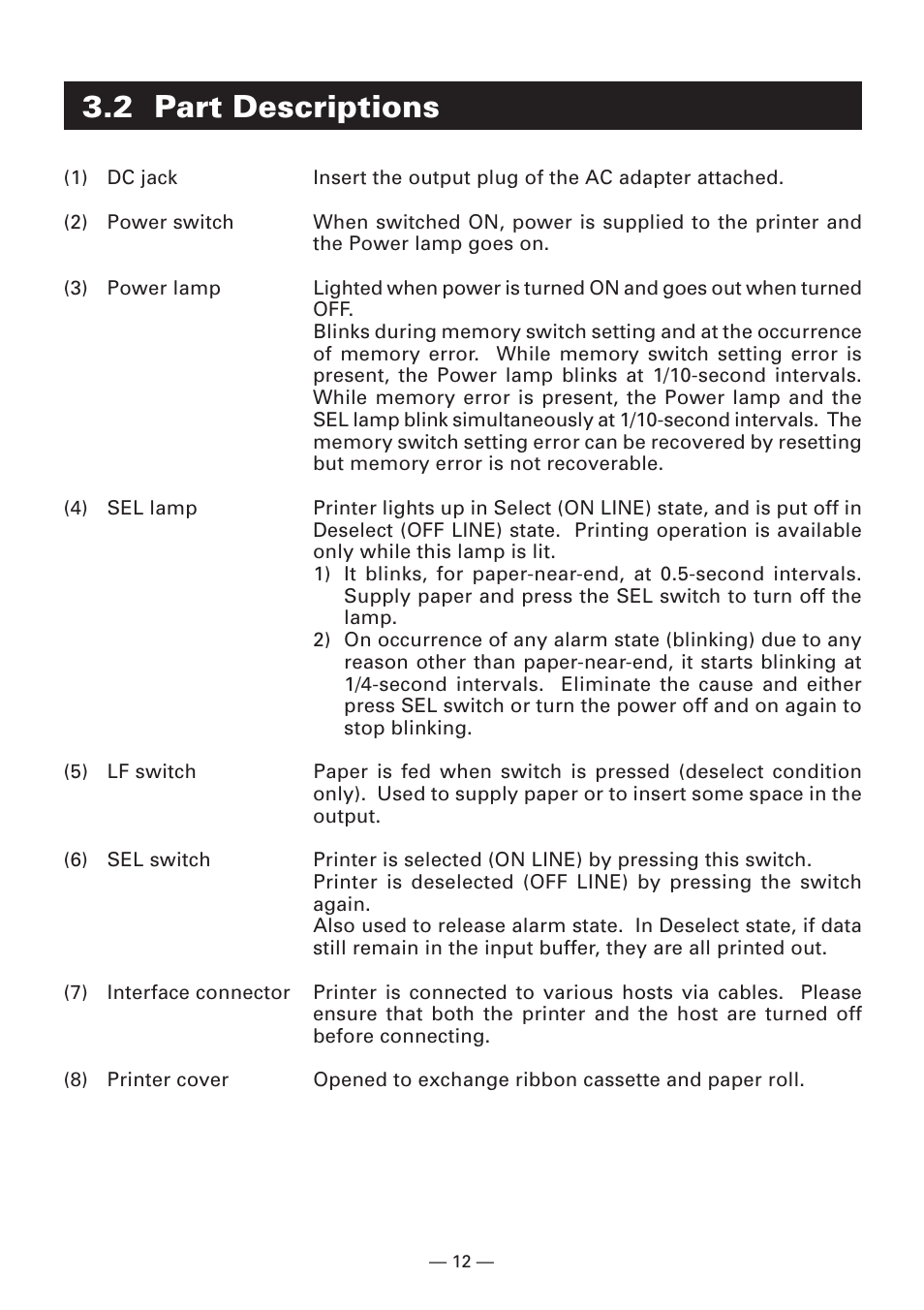 2 part descriptions | Citizen Systems Compact desk-top dot matrix printer CBM-910 Type II User Manual | Page 16 / 62