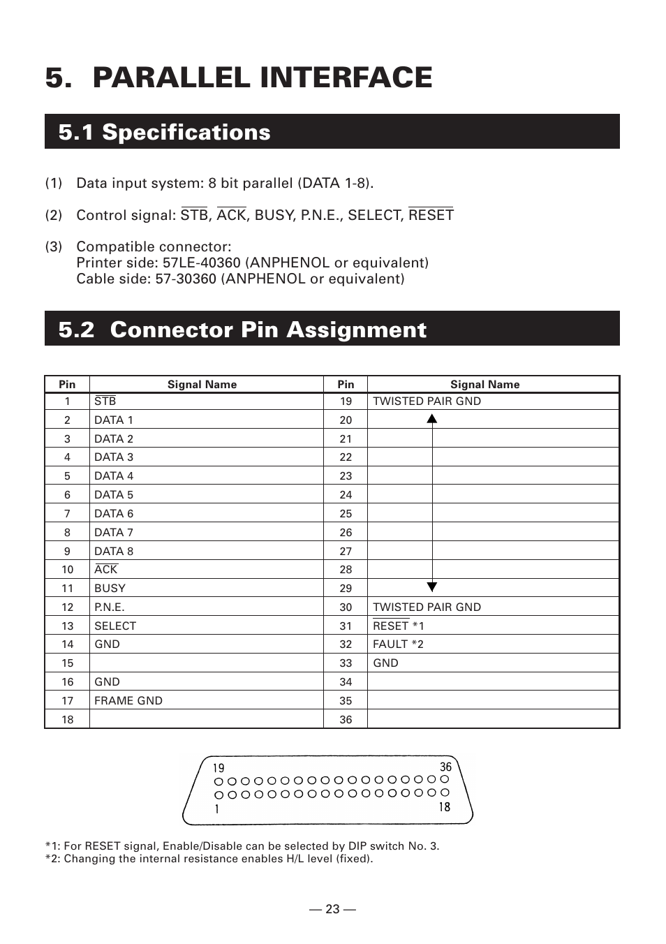 Parallel interface, 1 specifications, 2 connector pin assignment | Citizen Systems Compact desk-top dot matrix printer CBM-910 Type II User Manual | Page 27 / 62