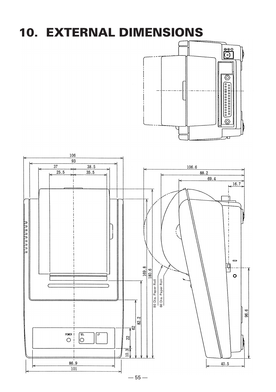 External dimensions | Citizen Systems Compact desk-top dot matrix printer CBM-910 Type II User Manual | Page 59 / 62