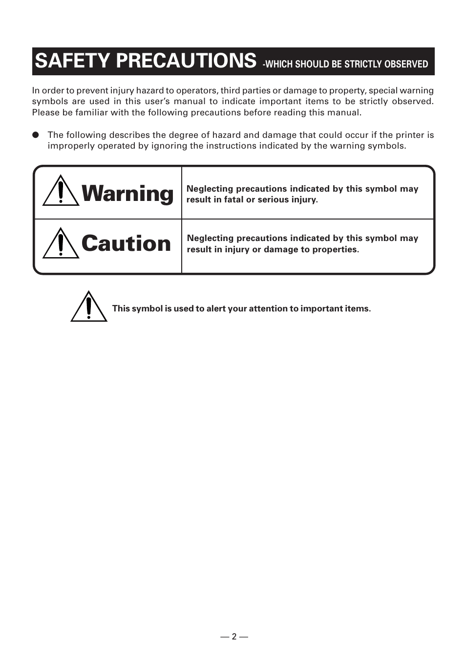 Safety precautions, Warning, Caution | Citizen Systems Compact desk-top dot matrix printer CBM-910 Type II User Manual | Page 6 / 62