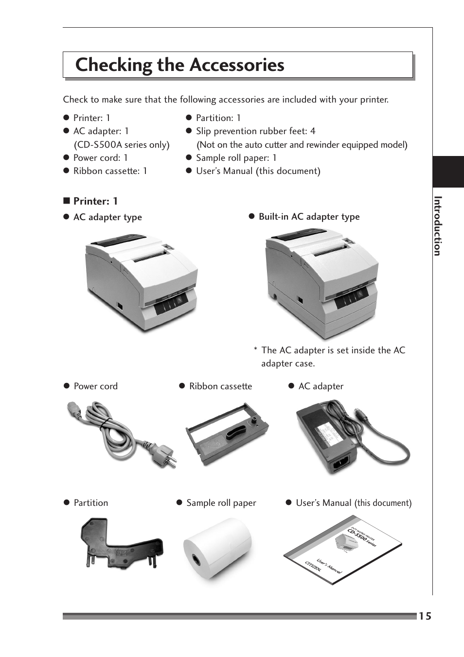 Checking the accessories | Citizen Systems CD-S500 Series User Manual | Page 15 / 52