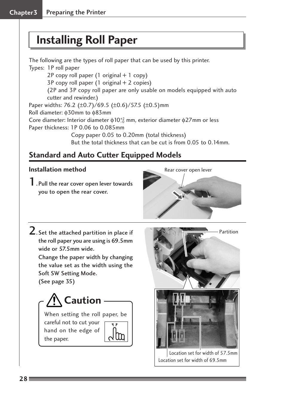 Installing roll paper, Standard and auto cutter equipped models, Caution | Citizen Systems CD-S500 Series User Manual | Page 28 / 52