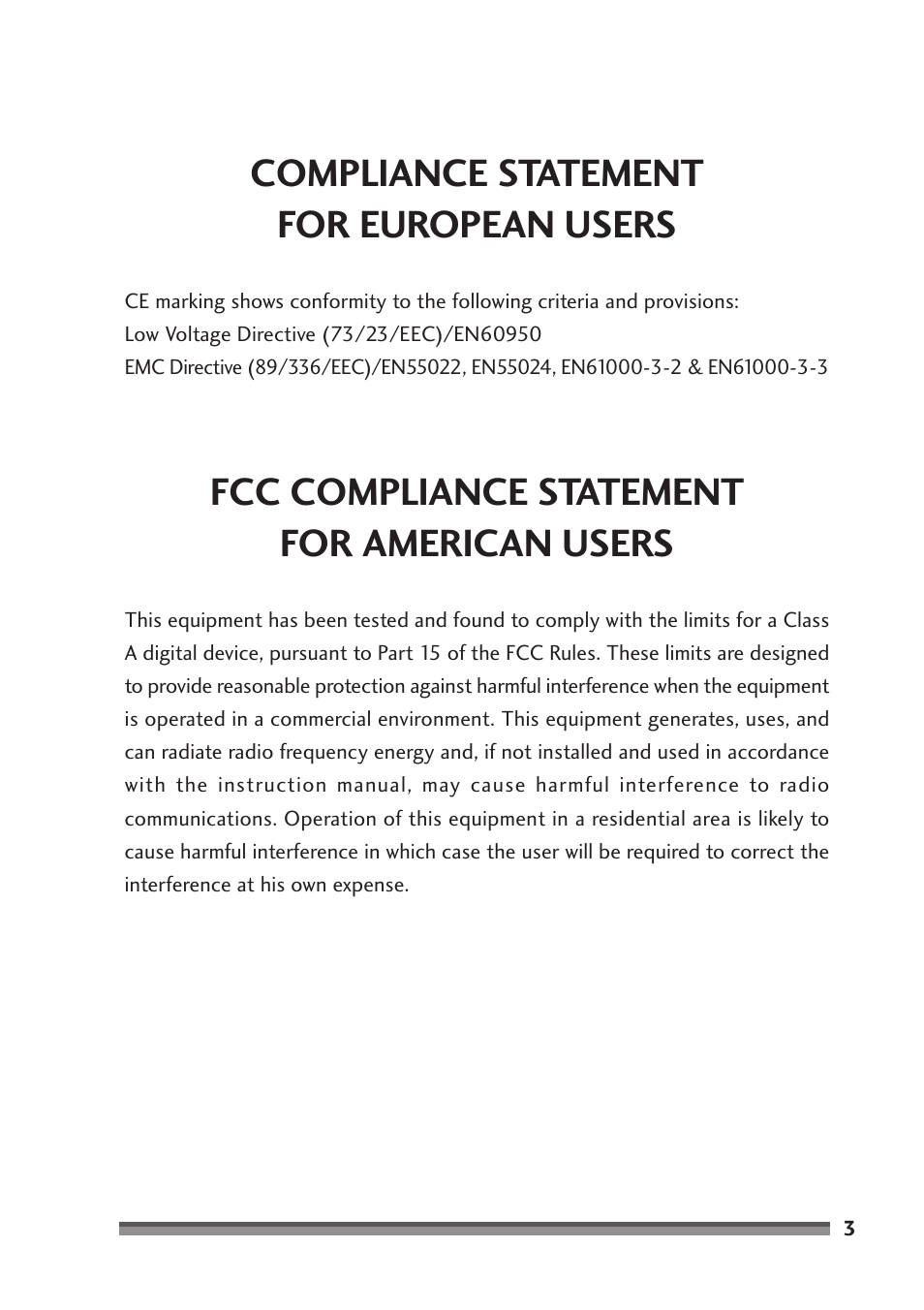 Compliance statement for european users, Fcc compliance statement for american users | Citizen Systems CD-S500 Series User Manual | Page 3 / 52