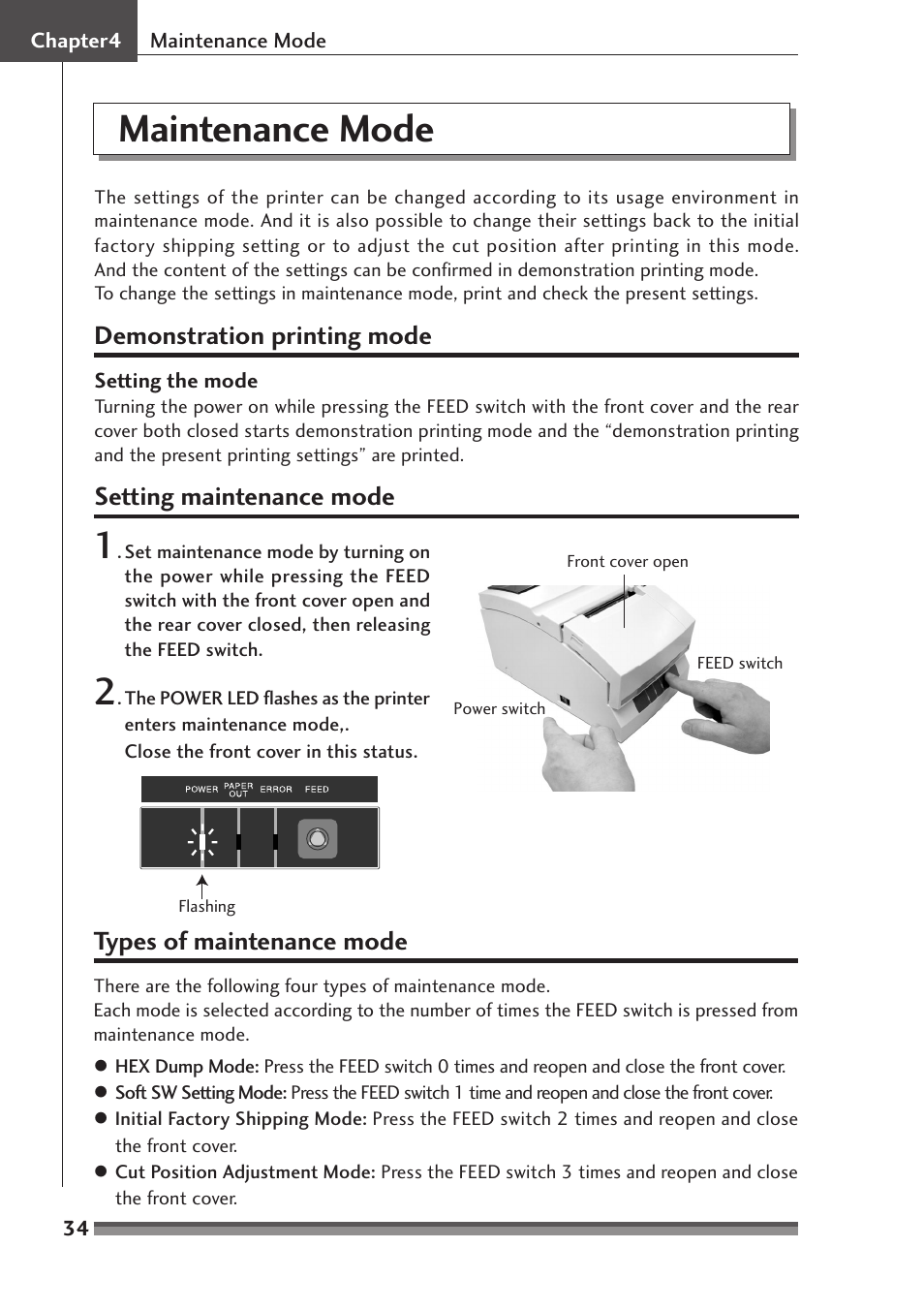 Chapter4 maintenance mode, Demonstration printing mode, Setting maintenance mode | Types of maintenance mode, Maintenance mode | Citizen Systems CD-S500 Series User Manual | Page 34 / 52