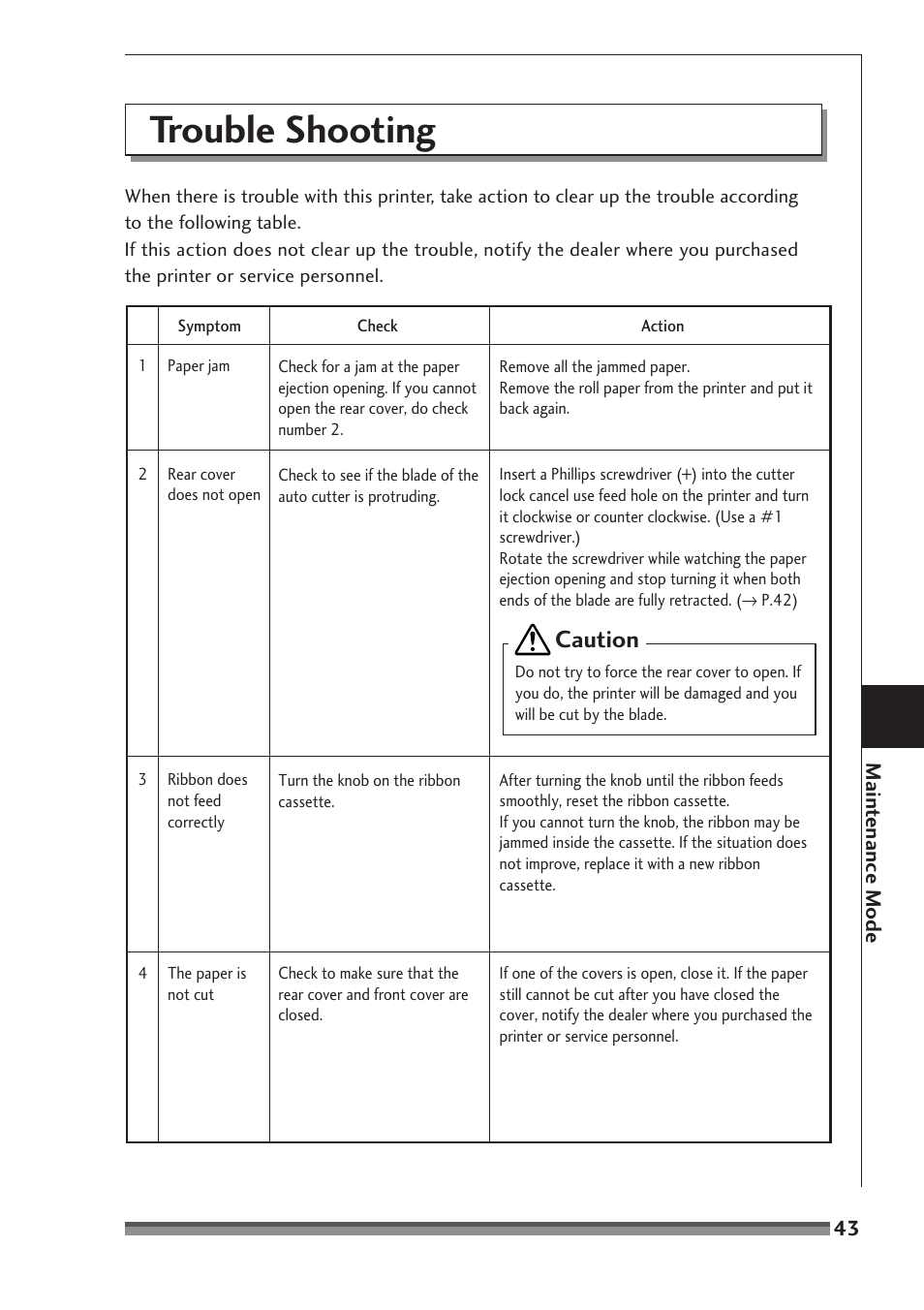 Trouble shooting, Caution | Citizen Systems CD-S500 Series User Manual | Page 43 / 52