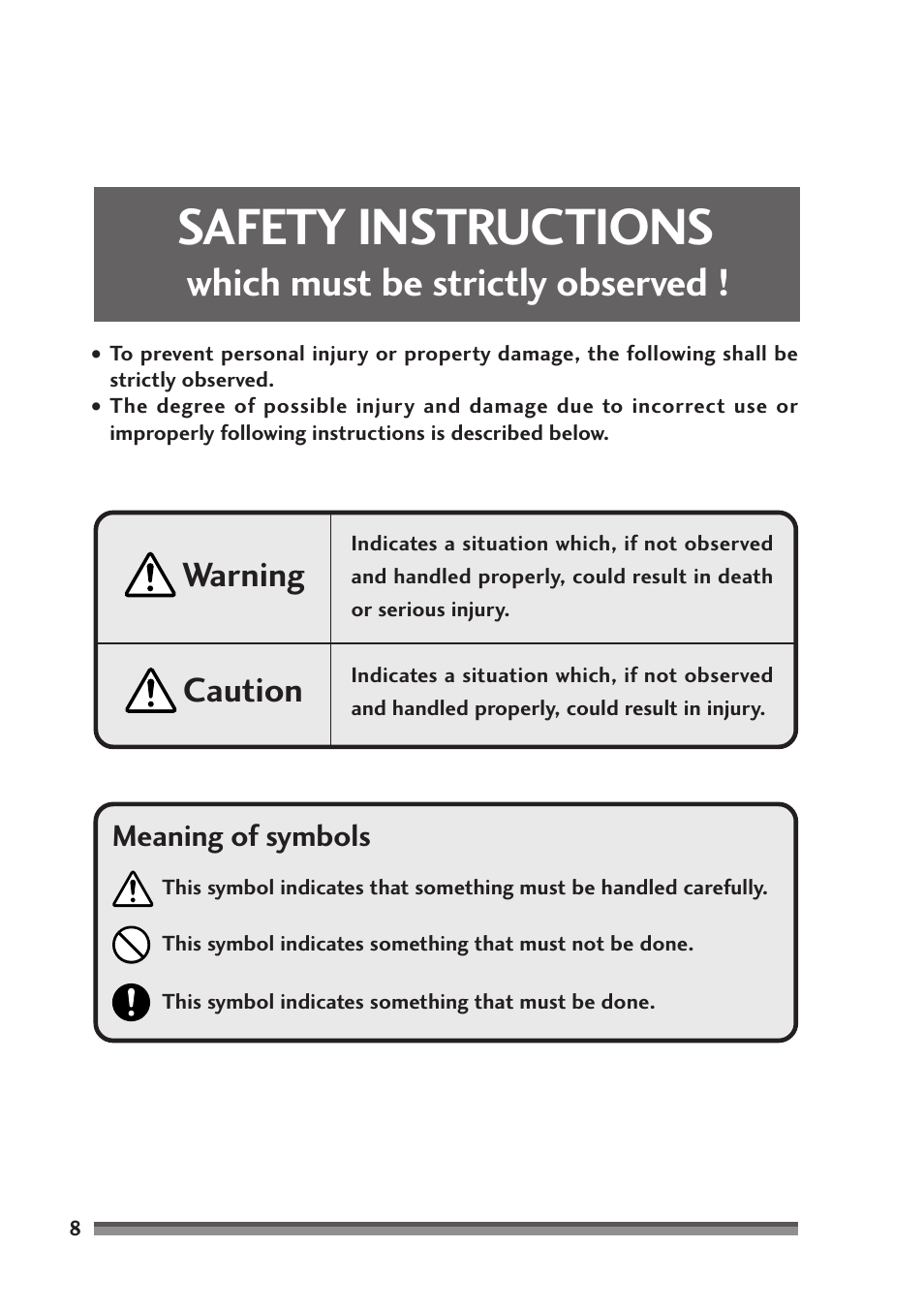 Safety instructions, Which must be strictly observed, Caution warning | Meaning of symbols | Citizen Systems CD-S500 Series User Manual | Page 8 / 52