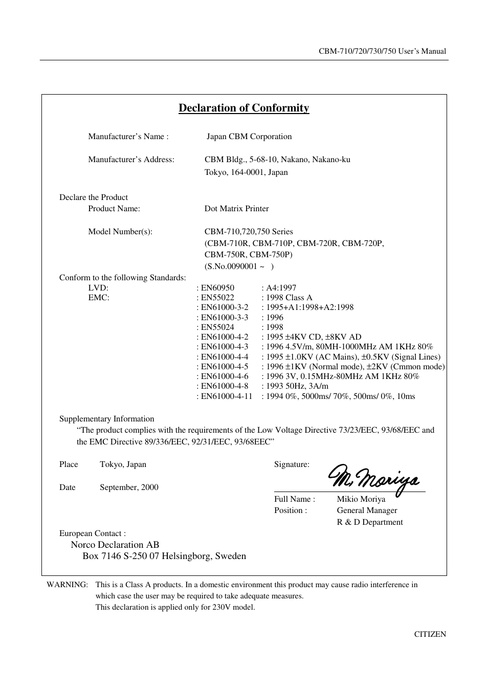Declaration of conformity | Citizen Systems CBM-720 User Manual | Page 2 / 81