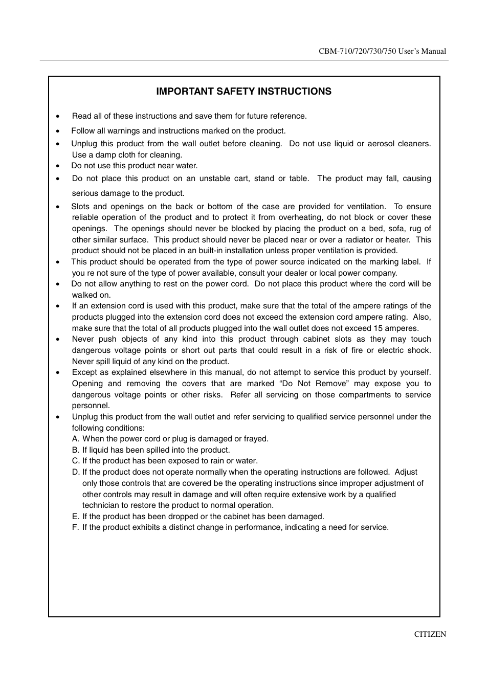 Important safety instructions | Citizen Systems CBM-720 User Manual | Page 3 / 81