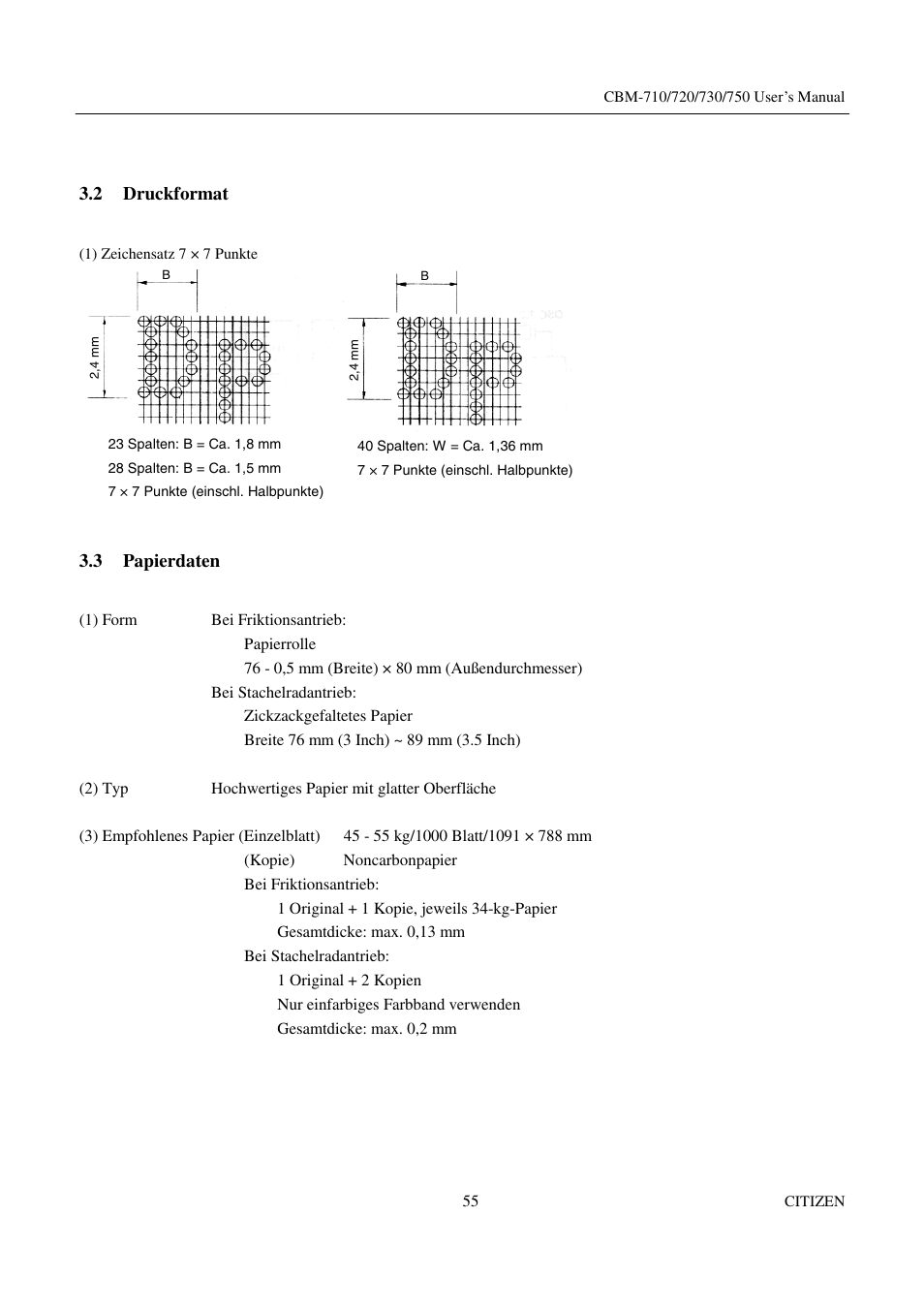 2 druckformat, 3 papierdaten | Citizen Systems CBM-720 User Manual | Page 61 / 81