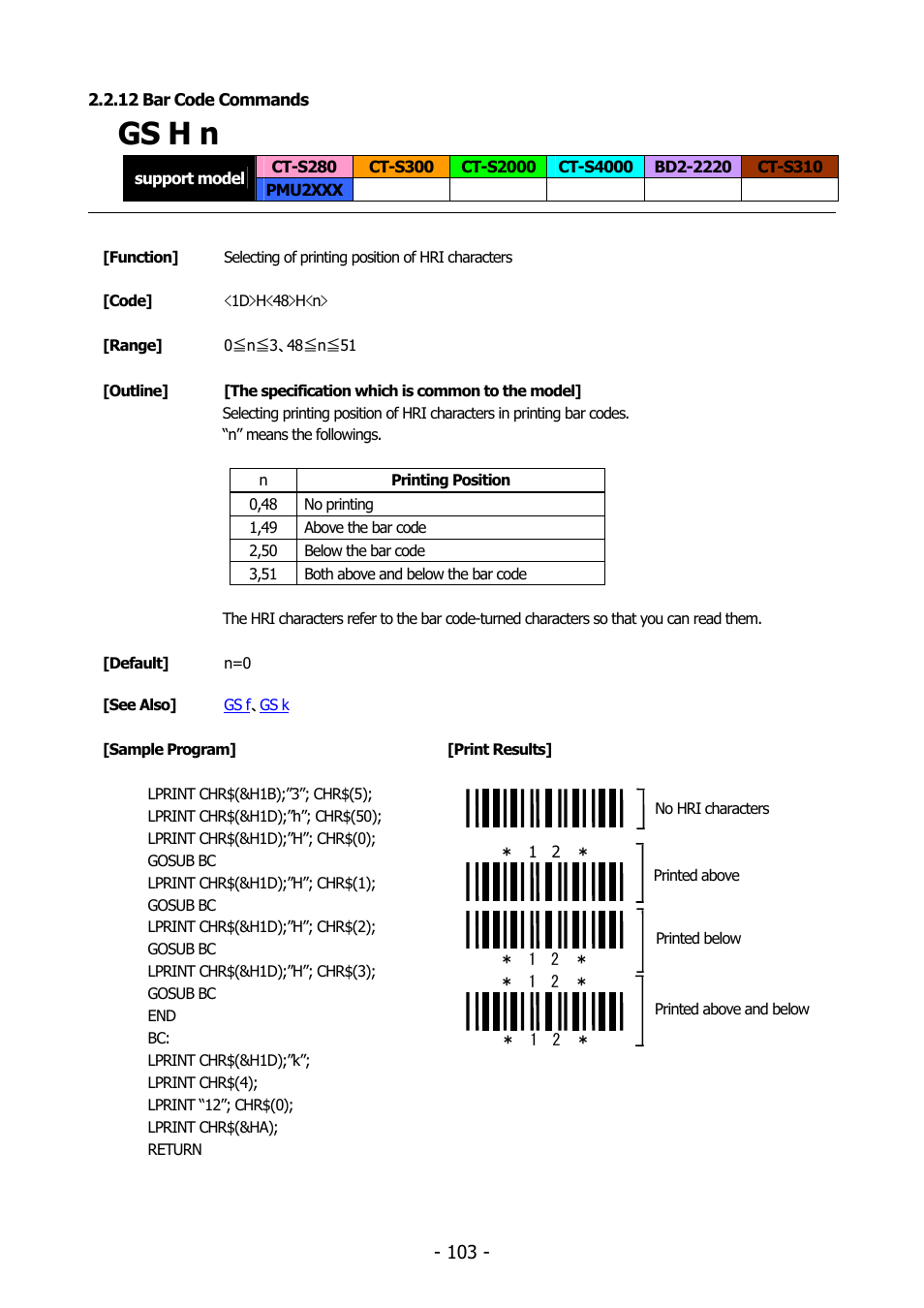 12 bar code commands, Gs h n, Gs h | Citizen Systems BD2-2220 User Manual | Page 103 / 312