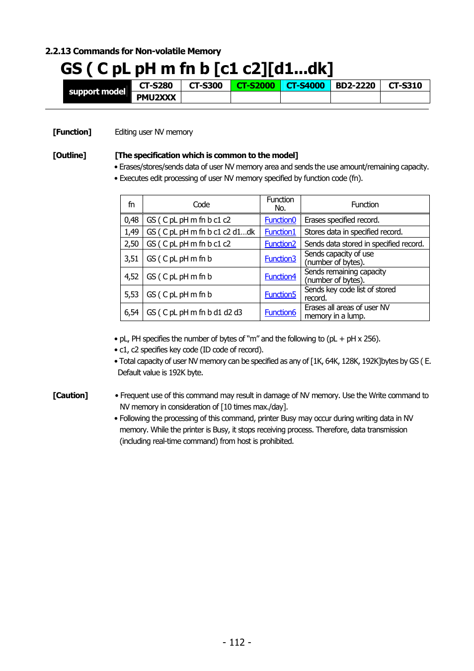 13 commands for non-volatile memory, Gs ( c pl ph m fn b [c1 c2][d1...dk, Gs ( c | Citizen Systems BD2-2220 User Manual | Page 112 / 312