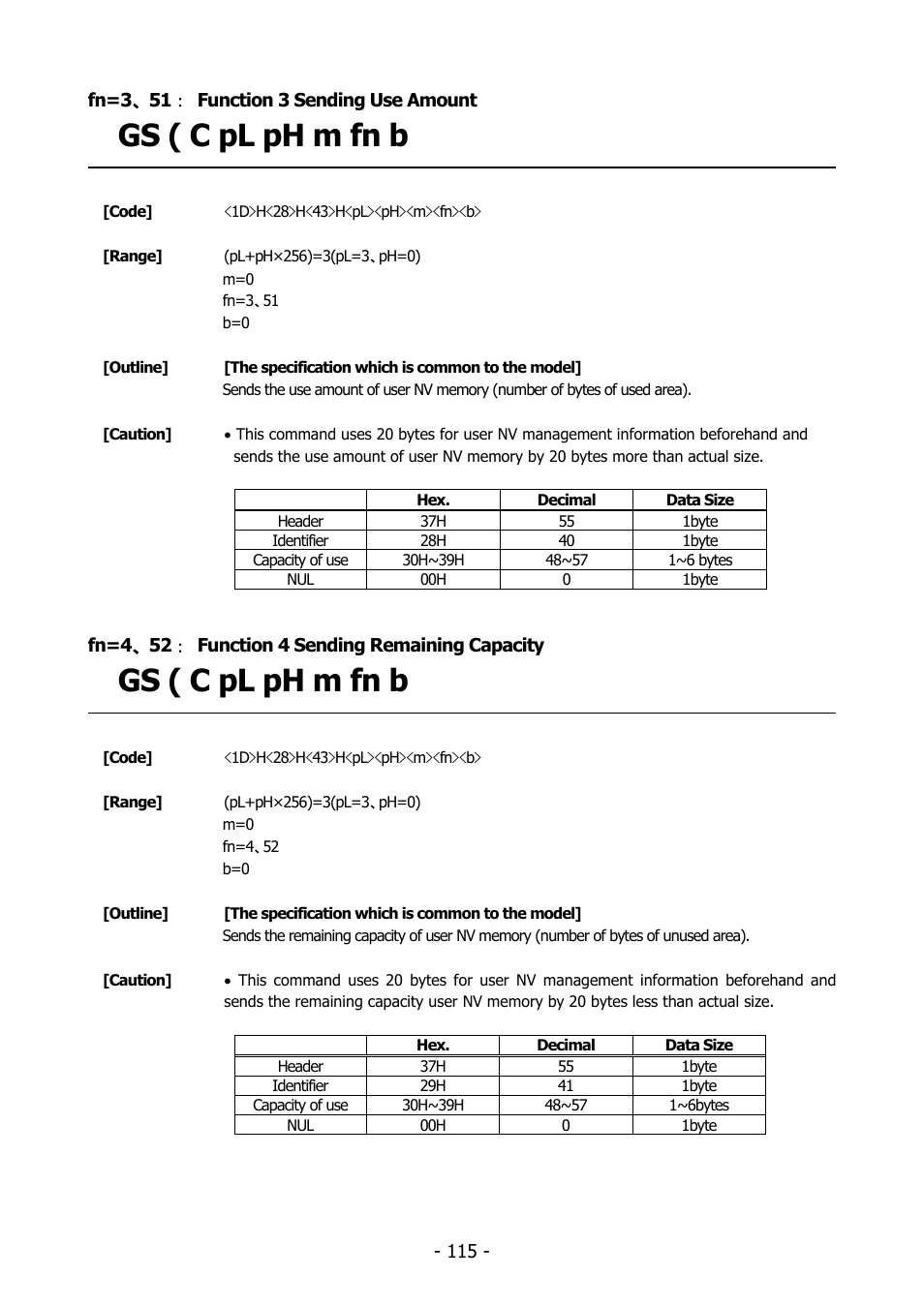 Fn=3、51： function 3 sending use amount, Fn=4、52： function 4 sending remaining capacity, Function3 | Function4, Gs ( c pl ph m fn b | Citizen Systems BD2-2220 User Manual | Page 115 / 312