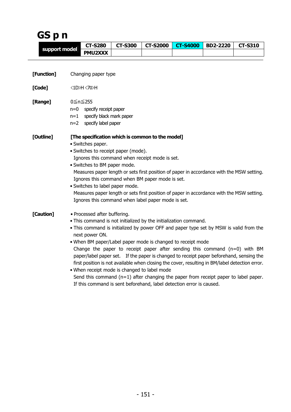 Gs p n, Gs p | Citizen Systems BD2-2220 User Manual | Page 151 / 312