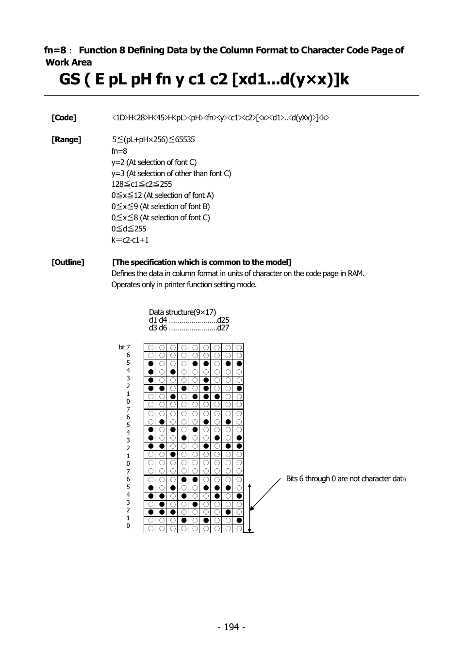Function 8, Gs ( e pl ph fn y c1 c2 [xd1...d(y×x)]k | Citizen Systems BD2-2220 User Manual | Page 194 / 312