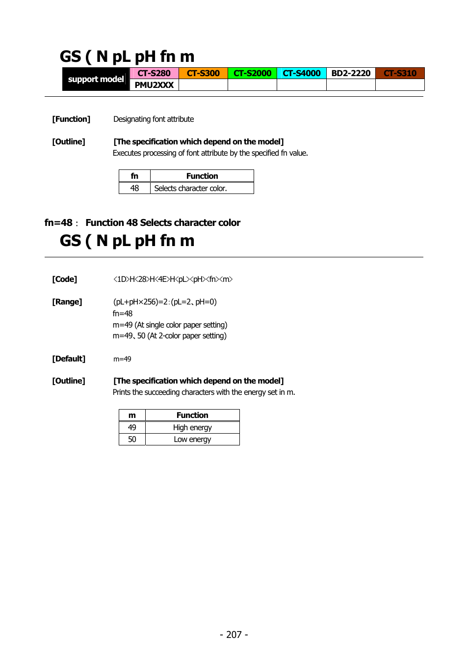 Gs ( n pl ph fn m, Fn=48： function 48 selects character color, Gs ( n | Citizen Systems BD2-2220 User Manual | Page 207 / 312