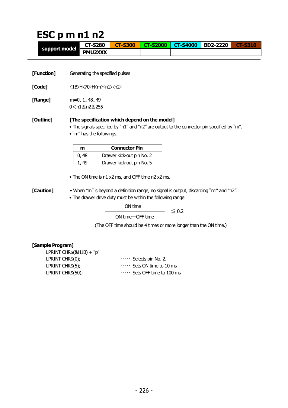 Esc p m n1 n2, Esc p | Citizen Systems BD2-2220 User Manual | Page 226 / 312