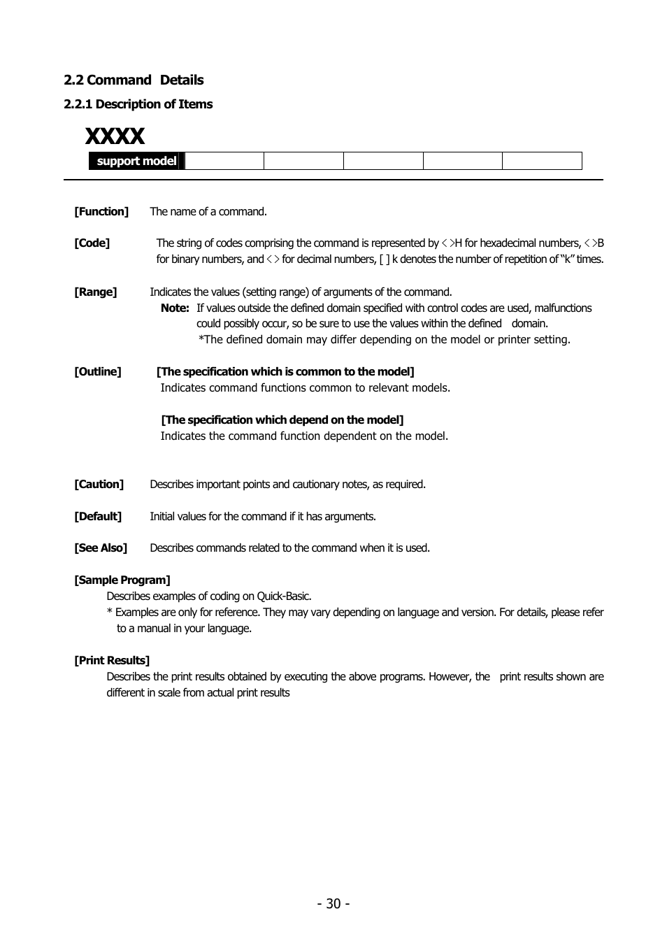 2 command details, 1 description of items, Ommand | Etails | Citizen Systems BD2-2220 User Manual | Page 30 / 312