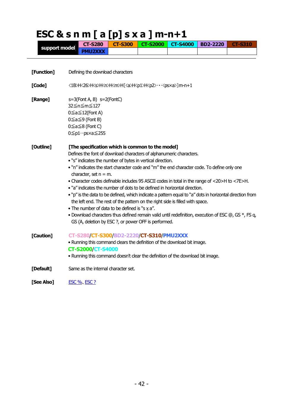 Esc & s n m [ a [p] s x a ] m-n+1 | Citizen Systems BD2-2220 User Manual | Page 42 / 312